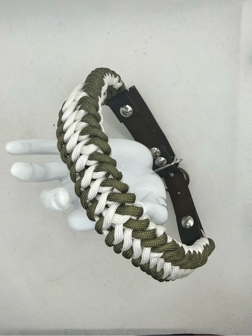 Handmade Olive & White Paracord Dog Collar Leather Adjustable